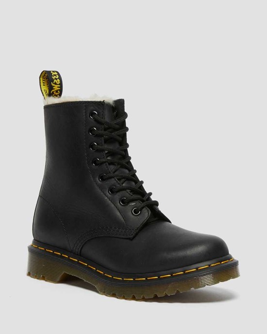 Black Burnished Wyoming Dr Martens 1460 Faux Fur Lined Women's Lace Up Boots | 7415-BLXZG