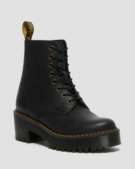 Black Burnished Wyoming Dr Martens Shriver Hi Wyoming Leather Heeled Women's Lace Up Boots | 2503-JATLN