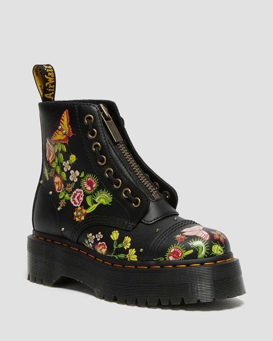 Black Dr Martens Sinclair Floral Bloom Leather Women's Ankle Boots | 3608-DSZGV