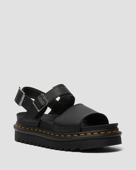 Black Dr Martens Voss Leather Women's Strap Sandals | 9618-QDUHA