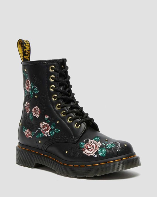 Black Nappa Dr Martens 1460 Vonda Floral Leather Women's Ankle Boots | 8492-TAUSG