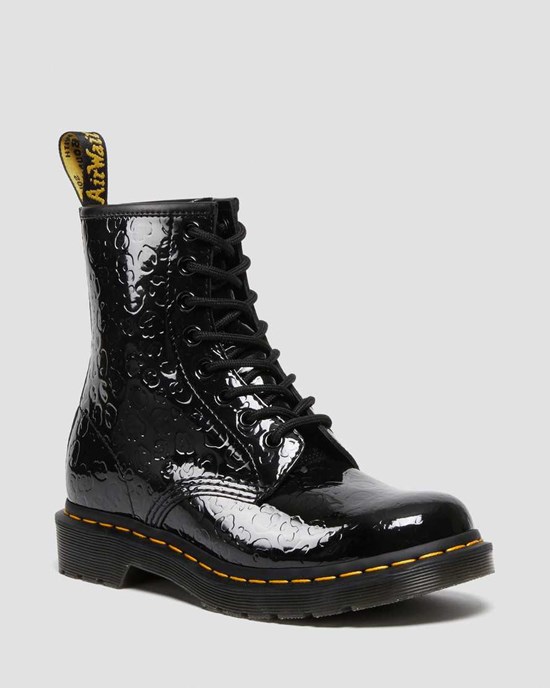 Black Patent Lamper Leopard Emboss Dr Martens 1460 Leopard Emboss Patent Leather Women's Lace Up Boots | 9205-AYRWV