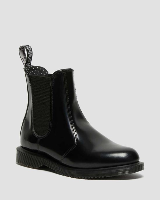 Black Polished Smooth Dr Martens Flora Smooth Leather Women's Ankle Boots | 1203-OGNBW