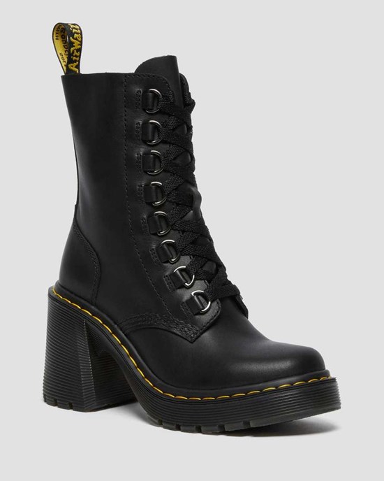 Black Sendal Dr Martens Chesney Leather Flared Heel Women's Lace Up Boots | 1403-HZQLX