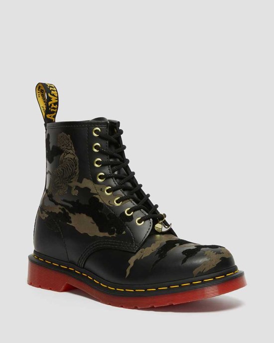 Black Smooth Leather Dr Martens 1460 Year of The Tiger Leather Women's Lace Up Boots | 8673-YTNQG