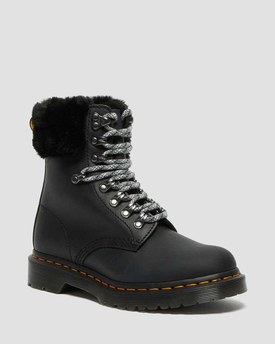 Black Streeter Dr Martens 1460 Serena Collar Faux Fur Lined Women's Lace Up Boots | 0682-MVNLJ