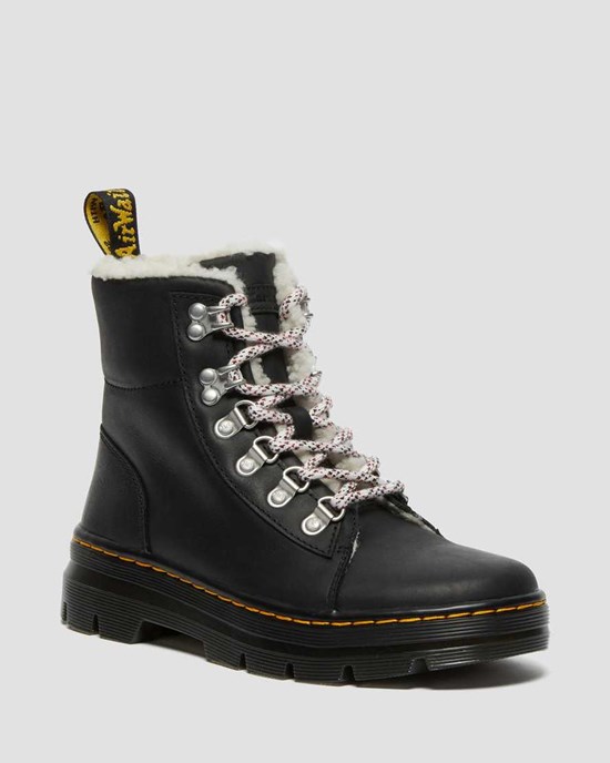 Black Wyoming Dr Martens Combs Faux Shearling Lined Women's Lace Up Boots | 5892-FCSRP