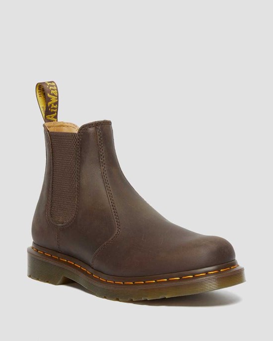 Dark Brown Crazy Horse Leather Dr Martens 2976 Yellow Stitch Crazy Horse Leather Women's Ankle Boots | 1876-CONPM