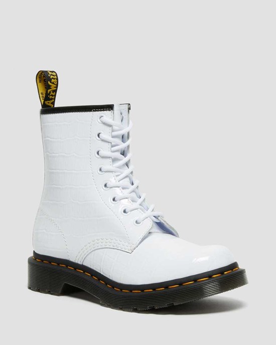 White Patent Lamper Croc Dr Martens 1460 Patent Croc Emboss Leather Women's Ankle Boots | 8109-OBLNP