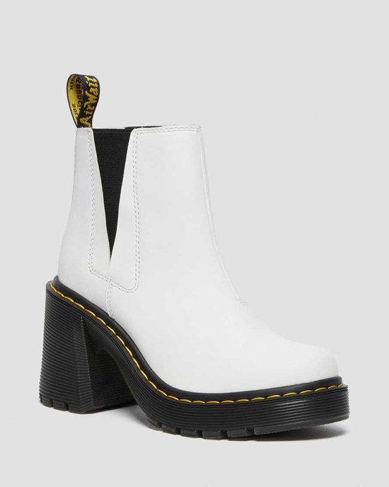 White Sendal Dr Martens Spence Leather Flared Heel Women's Ankle Boots | 8501-HRGCJ