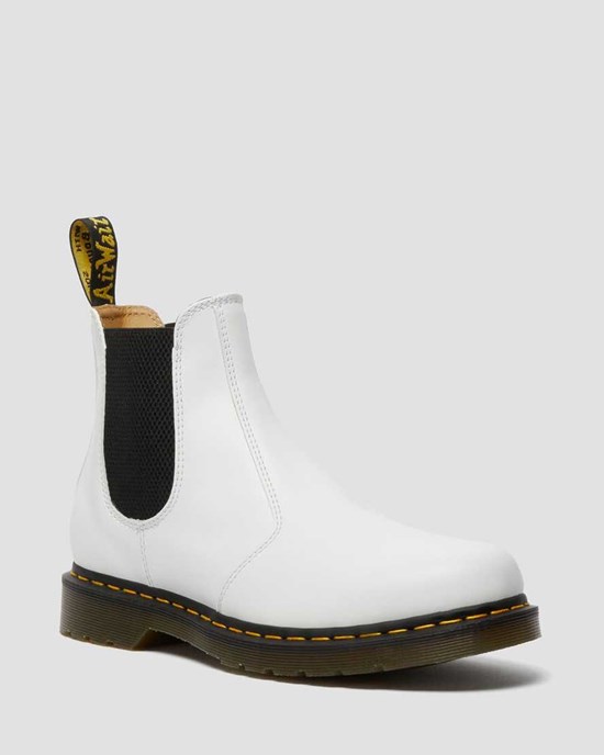 White Smooth Leather Dr Martens 2976 Yellow Stitch Smooth Leather Women's Ankle Boots | 9402-VUEAQ