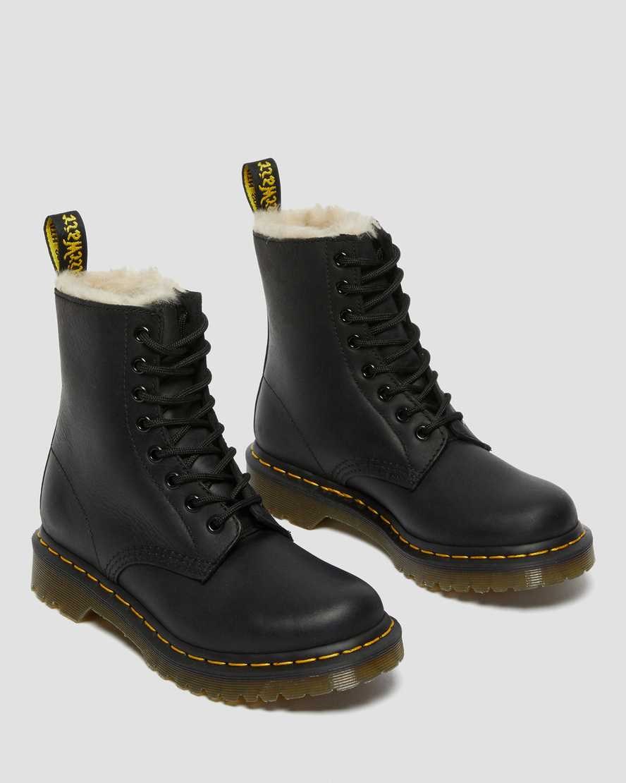 Black Burnished Wyoming Dr Martens 1460 Faux Fur Lined Women's Lace Up Boots | 7415-BLXZG