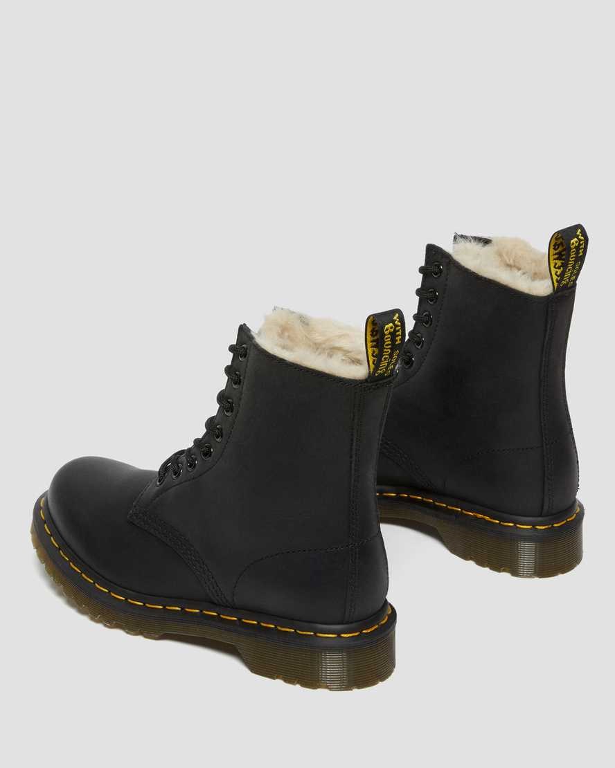 Black Burnished Wyoming Dr Martens 1460 Faux Fur Lined Women's Lace Up Boots | 7415-BLXZG