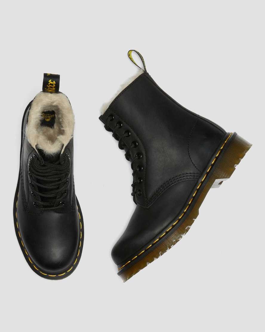 Black Burnished Wyoming Dr Martens 1460 Faux Fur Lined Women's Lace Up Boots | 7415-BLXZG