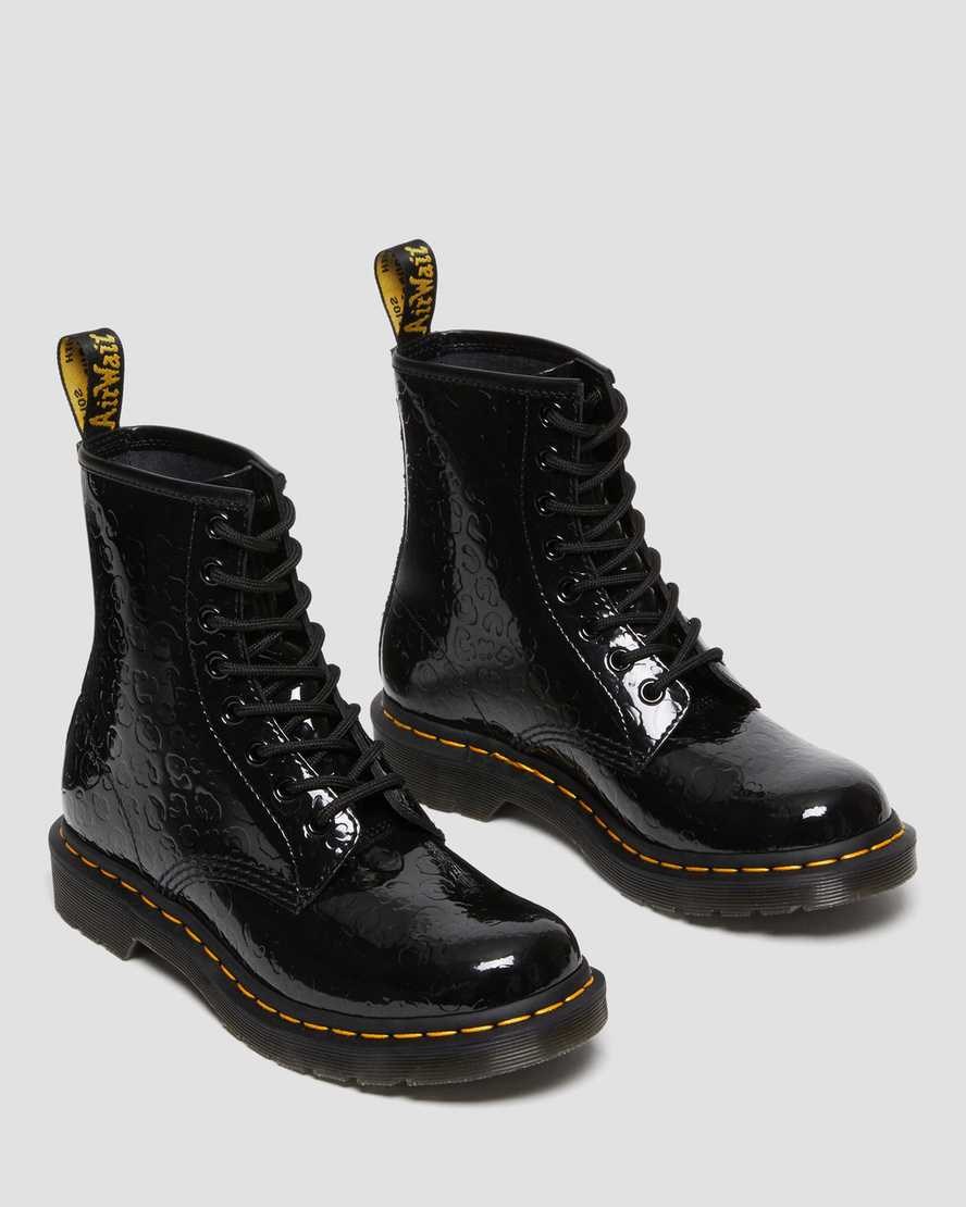 Black Patent Lamper Leopard Emboss Dr Martens 1460 Leopard Emboss Patent Leather Women's Lace Up Boots | 9205-AYRWV