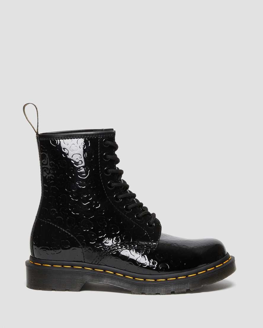 Black Patent Lamper Leopard Emboss Dr Martens 1460 Leopard Emboss Patent Leather Women's Lace Up Boots | 9205-AYRWV