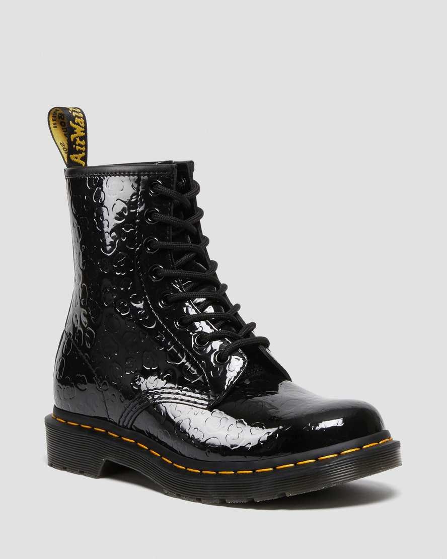 Black Patent Lamper Leopard Emboss Dr Martens 1460 Leopard Emboss Patent Leather Women\'s Lace Up Boots | 9205-AYRWV