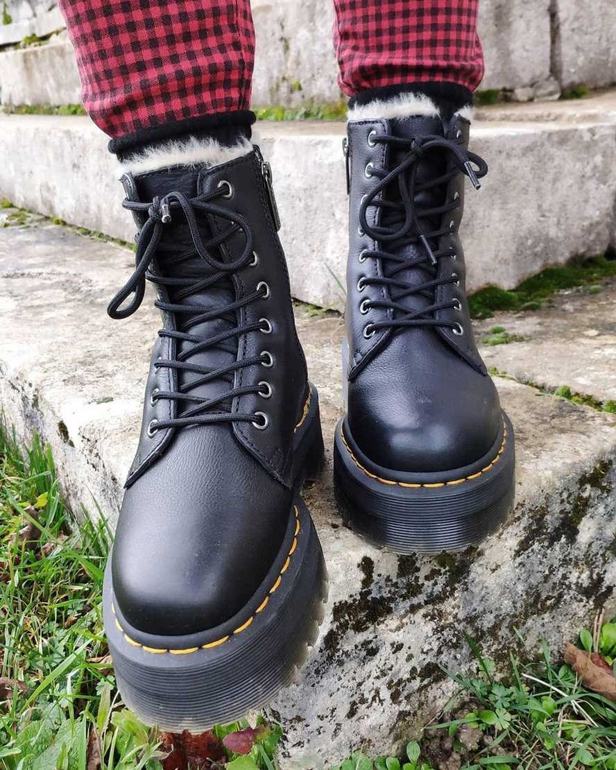 Black Pisa Dr Martens Jadon Leather Faux Fur Lined Platform Women's Lace Up Boots | 8054-YQNDL